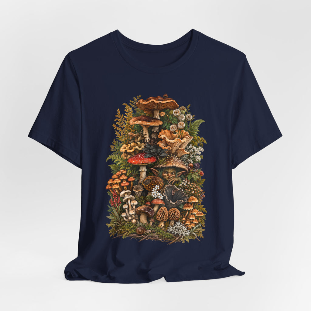 Mushroom Goblin Botanical Forager Tee flat lay Dark Grey Heather - unisex crew neck goblin mushroom graphic tee, Barely Outdoorsy