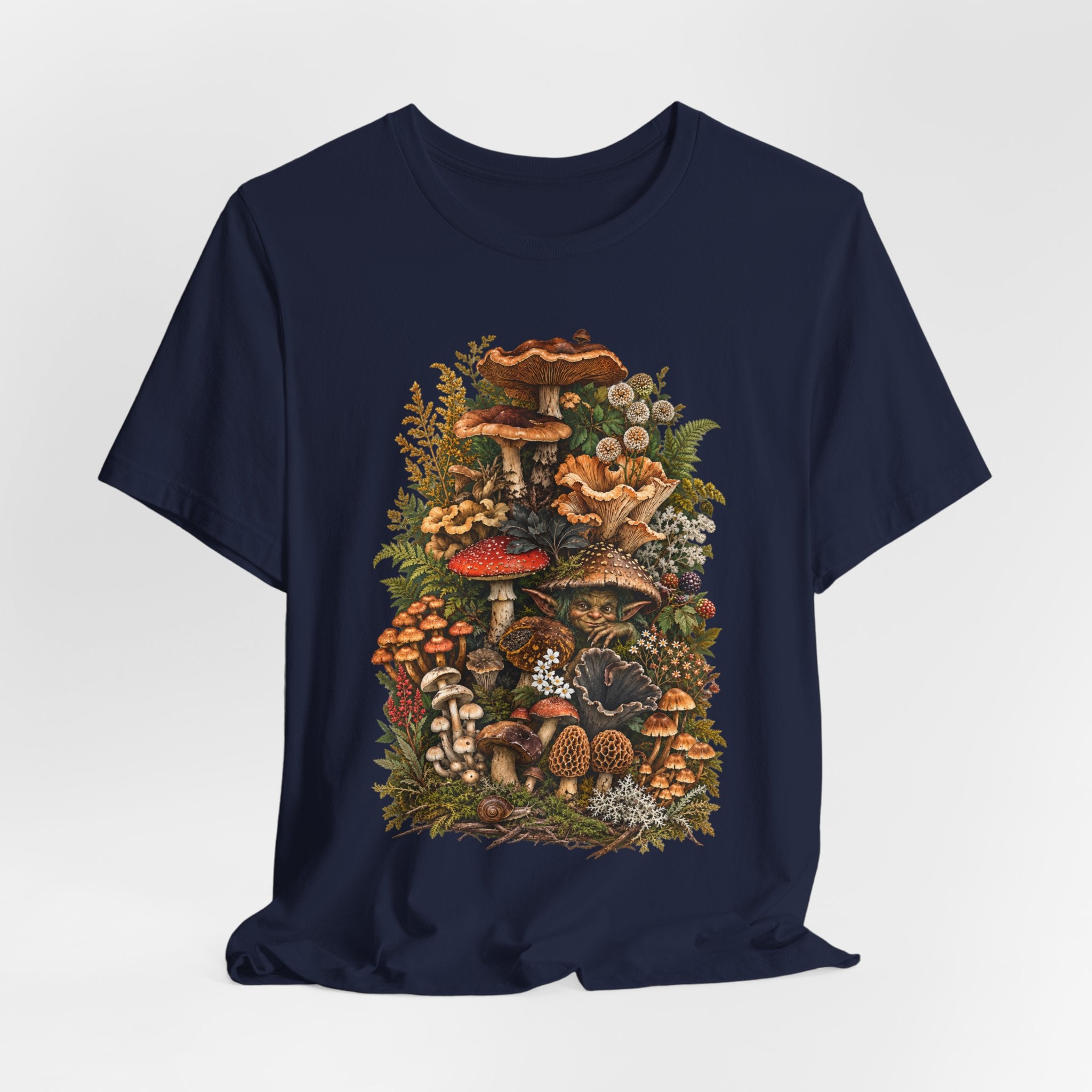 Mushroom Goblin Botanical Forager Tee flat lay Dark Grey Heather - unisex crew neck goblin mushroom graphic tee, Barely Outdoorsy