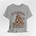 Full Transparency Raccoon Hiking T-Shirt in Heather Ice Blue - funny raccoon hiking graphic tee, Barely Outdoorsy