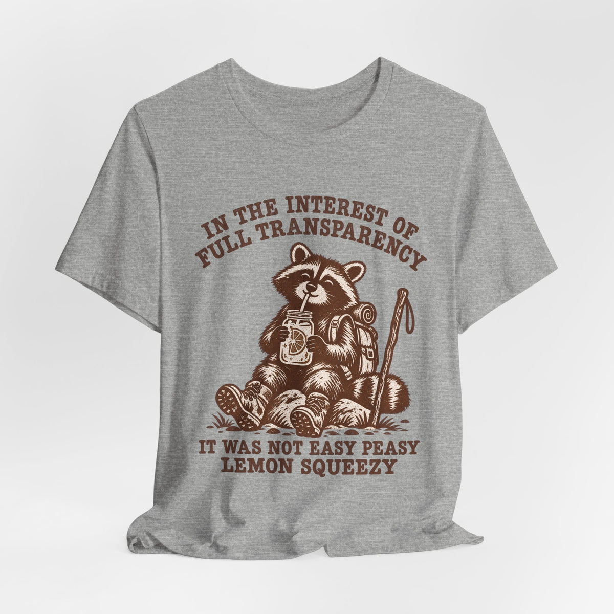 Full Transparency Raccoon Hiking T-Shirt in Heather Ice Blue - funny raccoon hiking graphic tee, Barely Outdoorsy