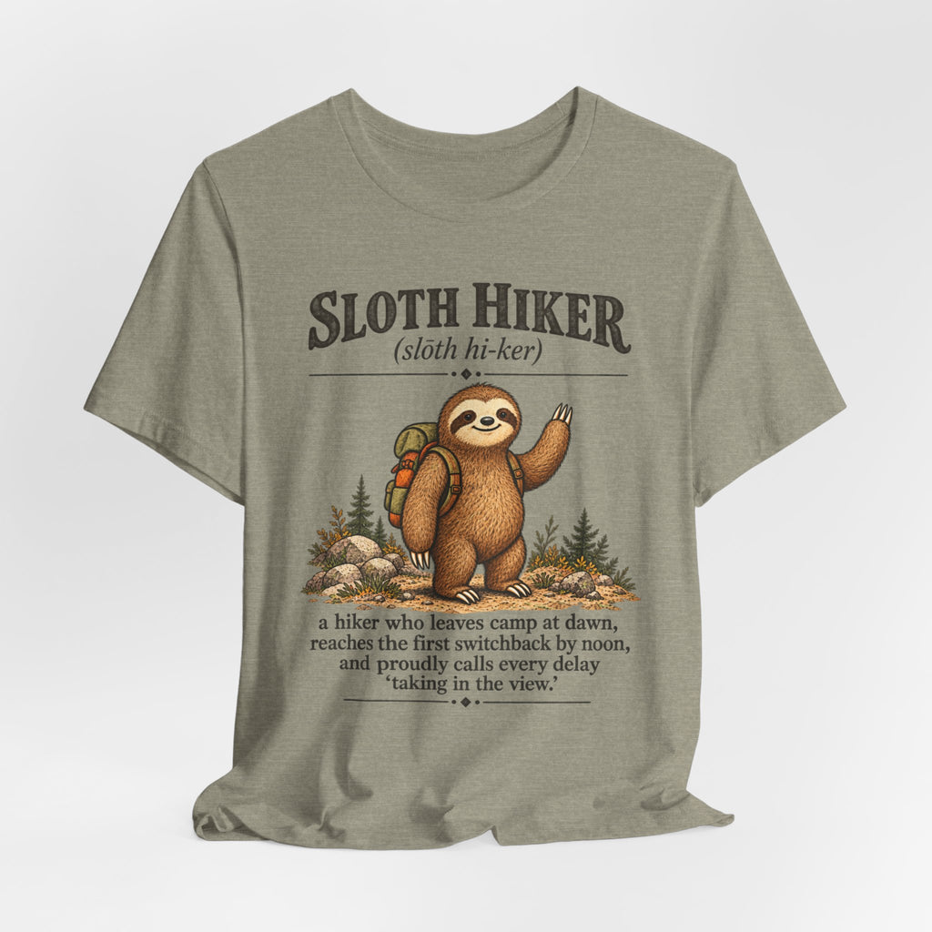 Sloth Hiker T-Shirt in Sage - funny slow hiking sloth graphic tee, Barely Outdoorsy