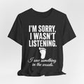 I Saw Something In The Woods T-Shirt in Black Heather - bold Bigfoot footprint cryptid tee, Barely Outdoorsy