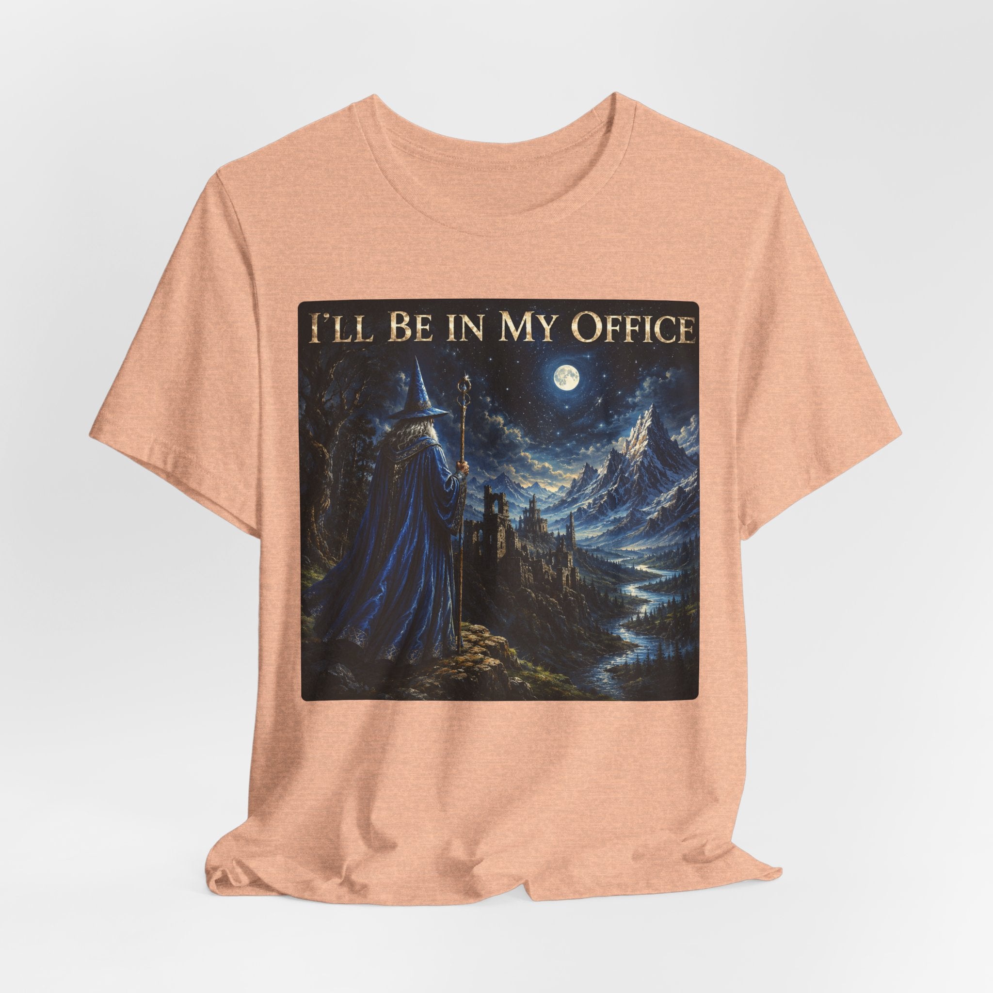 I'll Be In My Office Wizard T-Shirt in Navy - painterly moonlit wizard staff kingdom graphic tee, Barely Outdoorsy Bella Canvas