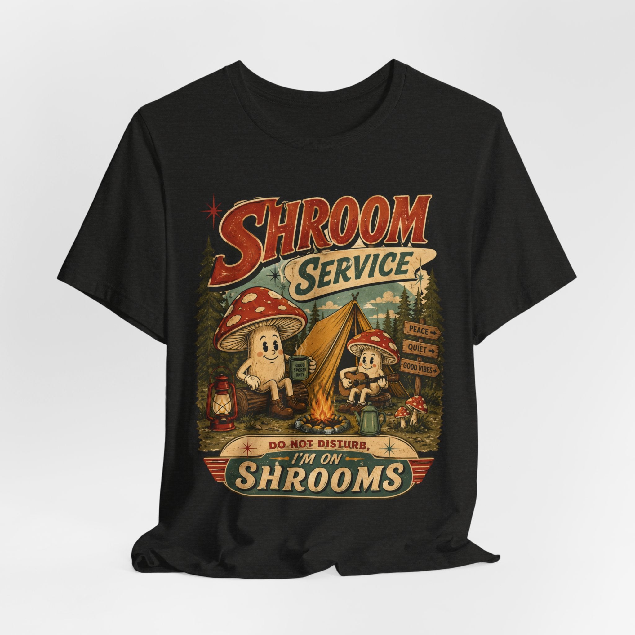 Shroom Service Tee in Heather Peach - funny mushroom campfire camping humor shirt, Barely Outdoorsy Bella Canvas 3001
