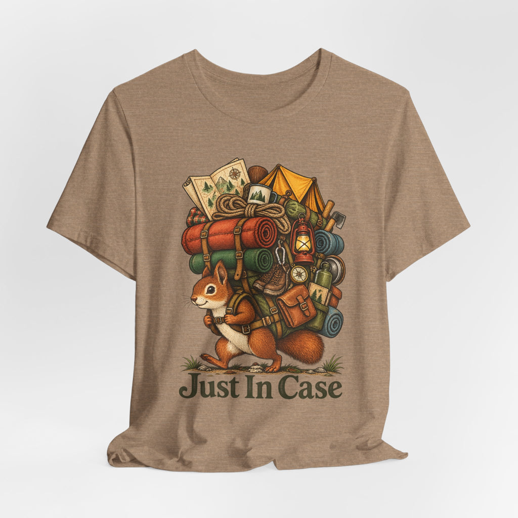 Just In Case Overpacked Squirrel Tee in Heather Mauve - funny squirrel just in case shirt, Barely Outdoorsy Bella Canvas 3001