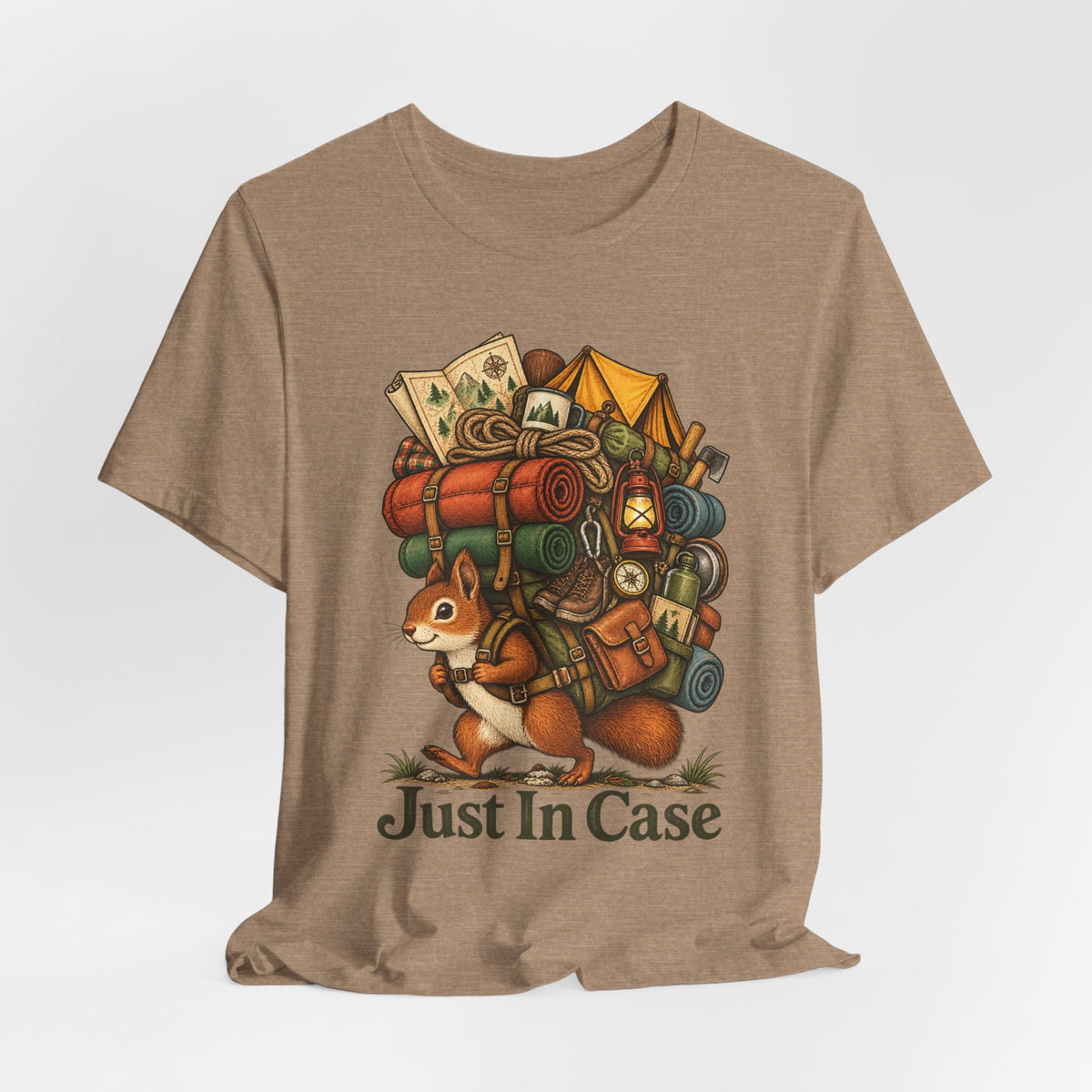 Just In Case Overpacked Squirrel Tee in Heather Mauve - funny squirrel just in case shirt, Barely Outdoorsy Bella Canvas 3001