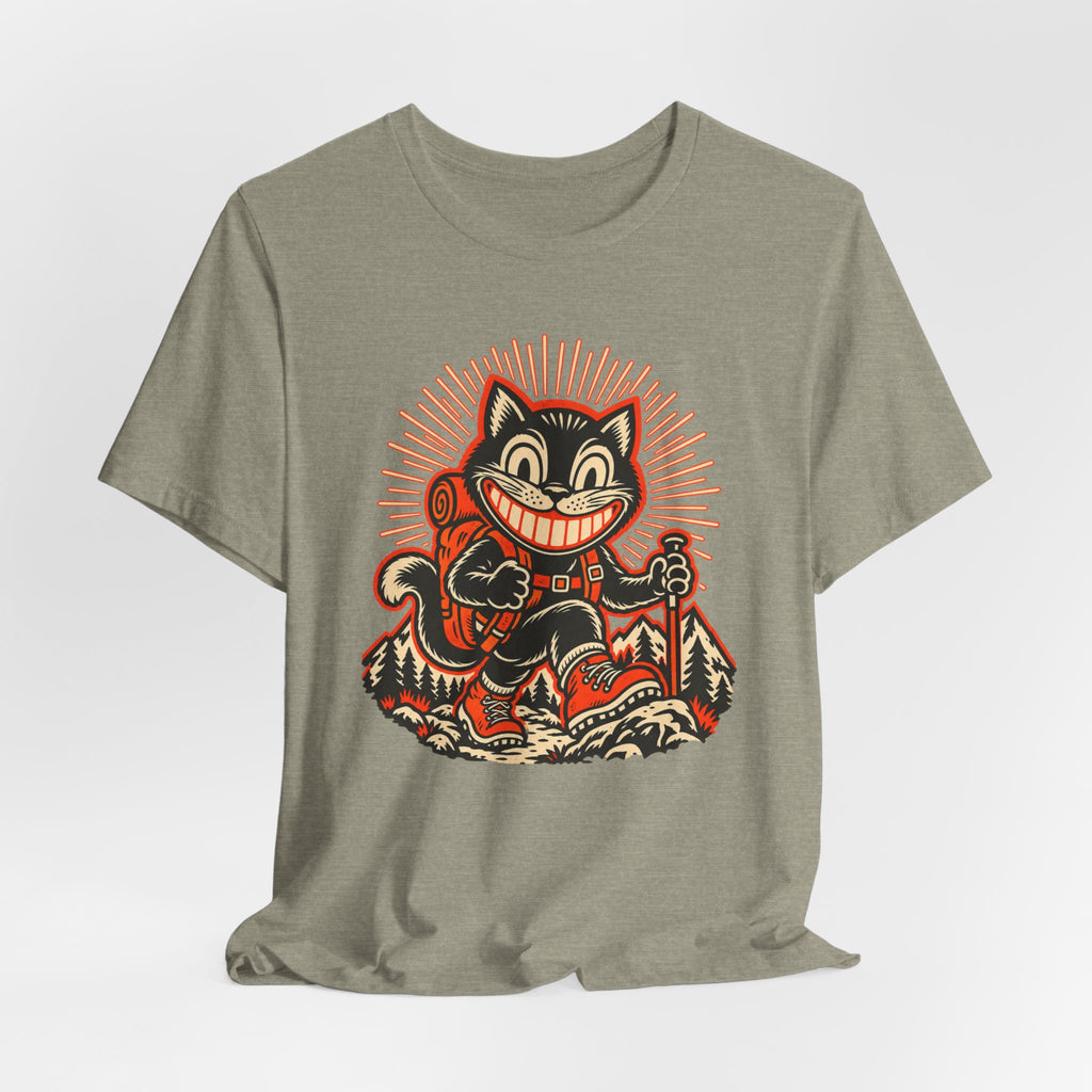 Grinning Black Cat Hiker T-Shirt in White - funny grinning black cat hiking graphic tee, Barely Outdoorsy Bella Canvas