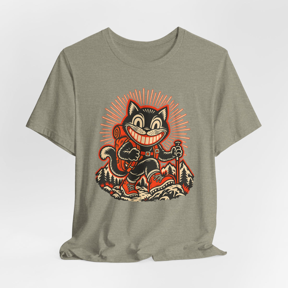 Grinning Black Cat Hiker T-Shirt in White - funny grinning black cat hiking graphic tee, Barely Outdoorsy Bella Canvas