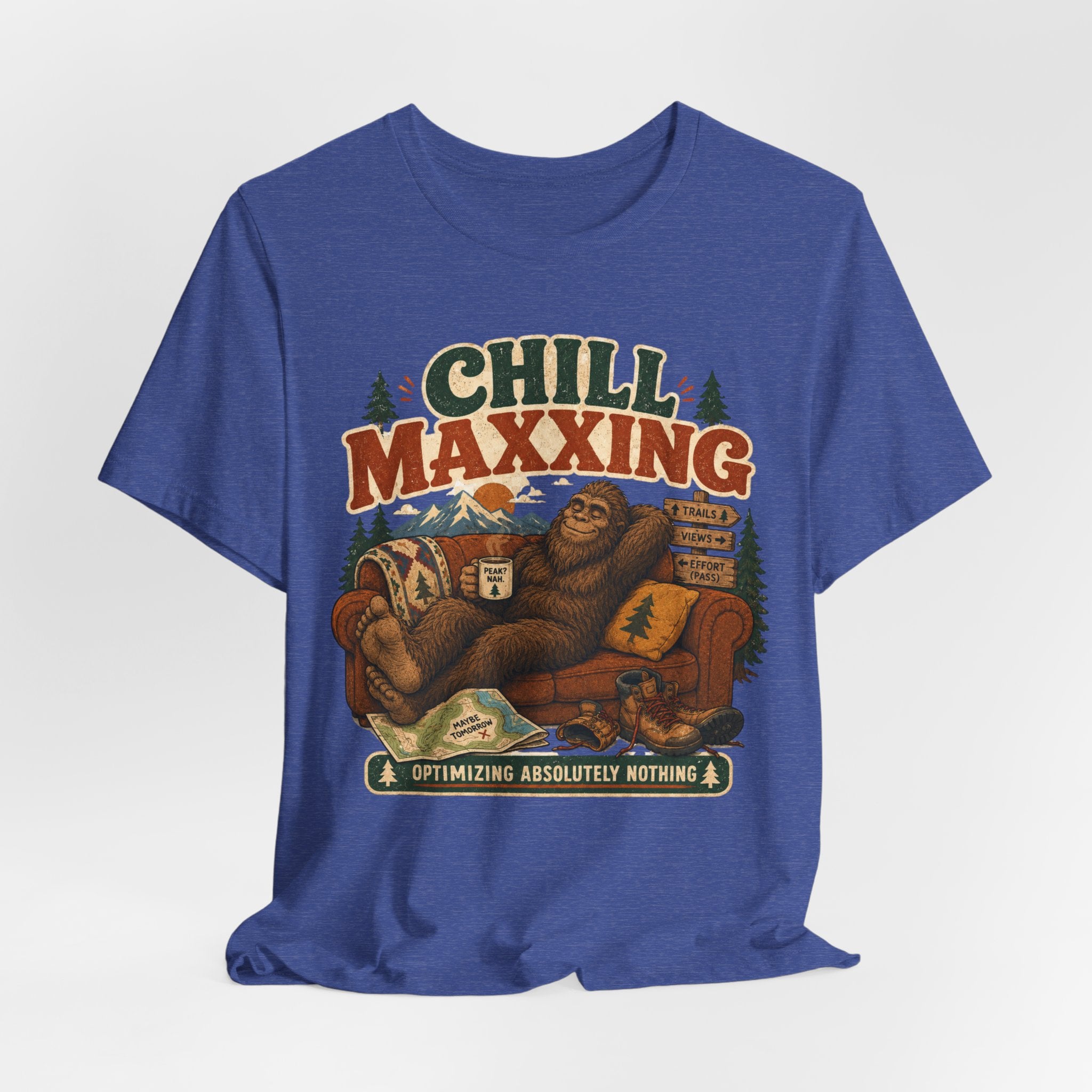 Chill Maxxing Bigfoot Tee in Heather True Royal Blue - funny hiking humor shirt by Barely Outdoorsy