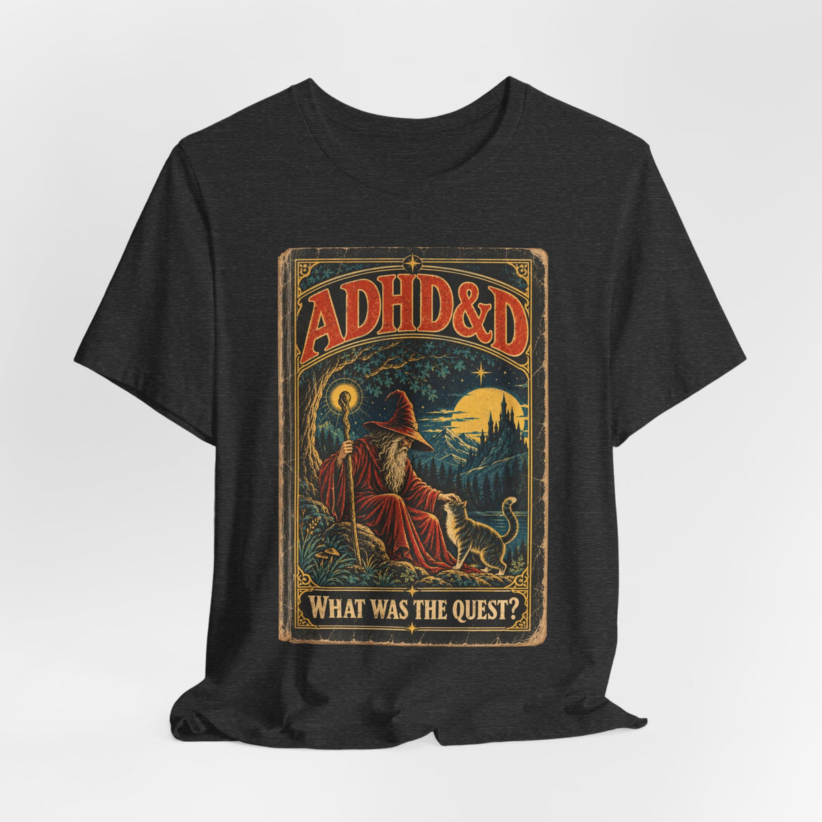 ADHD&D What Was the Quest T-Shirt in White - funny ADHD neurodivergent D&D RPG parody graphic tee, Barely Outdoorsy