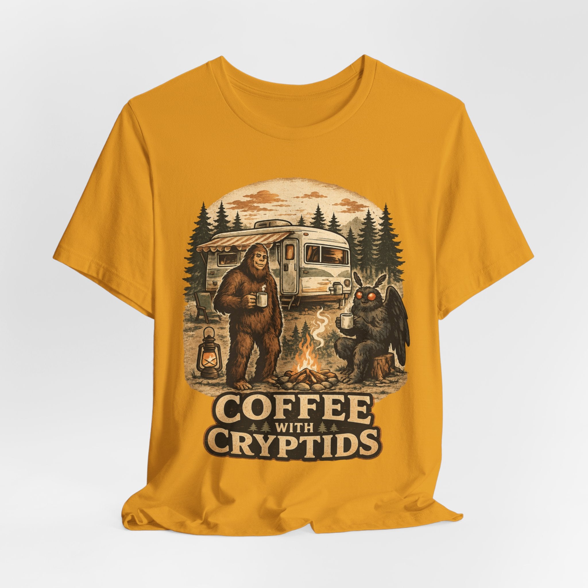Coffee With Cryptids Tee in Maroon - funny cryptid campfire coffee humor shirt, Barely Outdoorsy