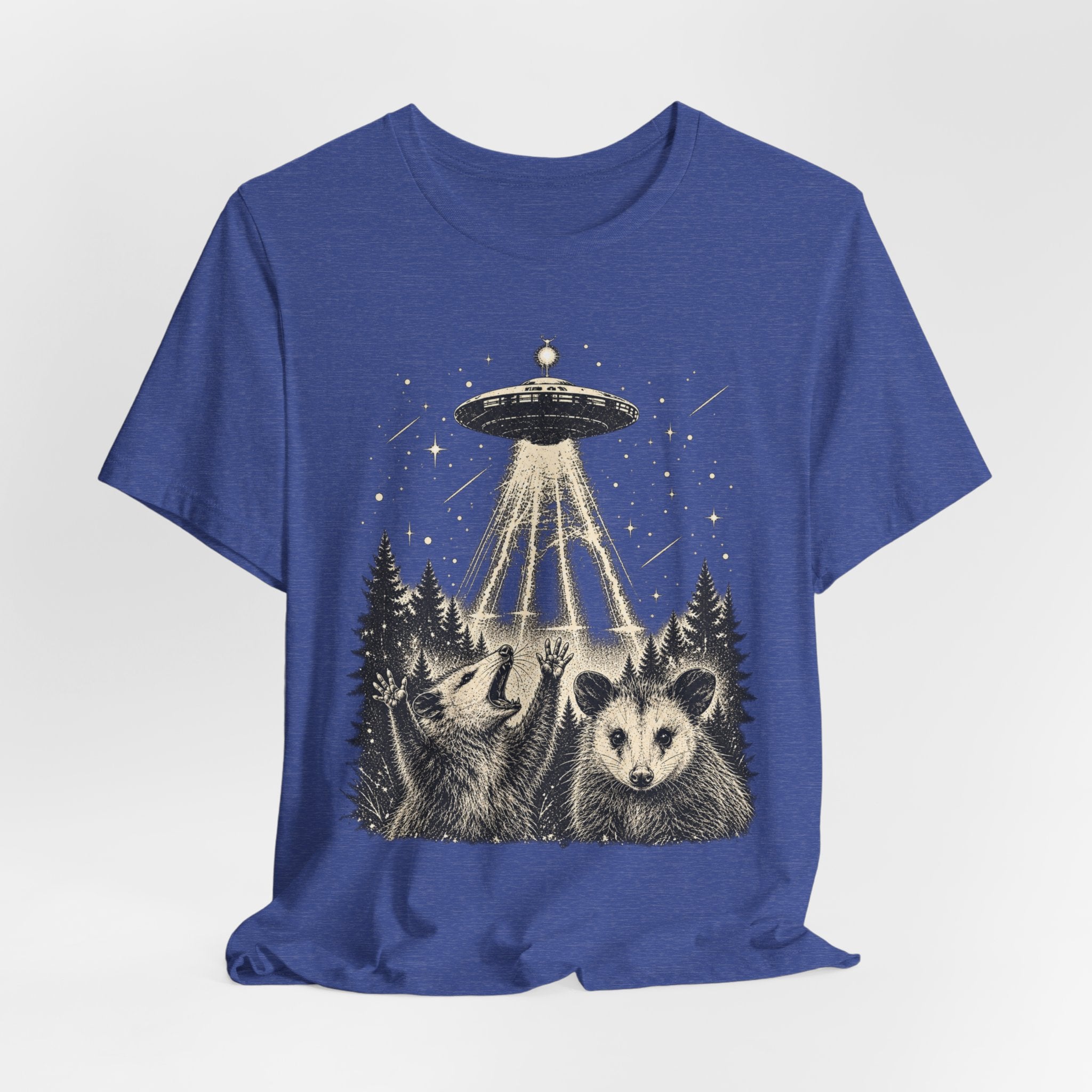 UFO Opossum Abduction Tee in Brown - funny opossum UFO alien humor shirt, Barely Outdoorsy Bella Canvas 3001
