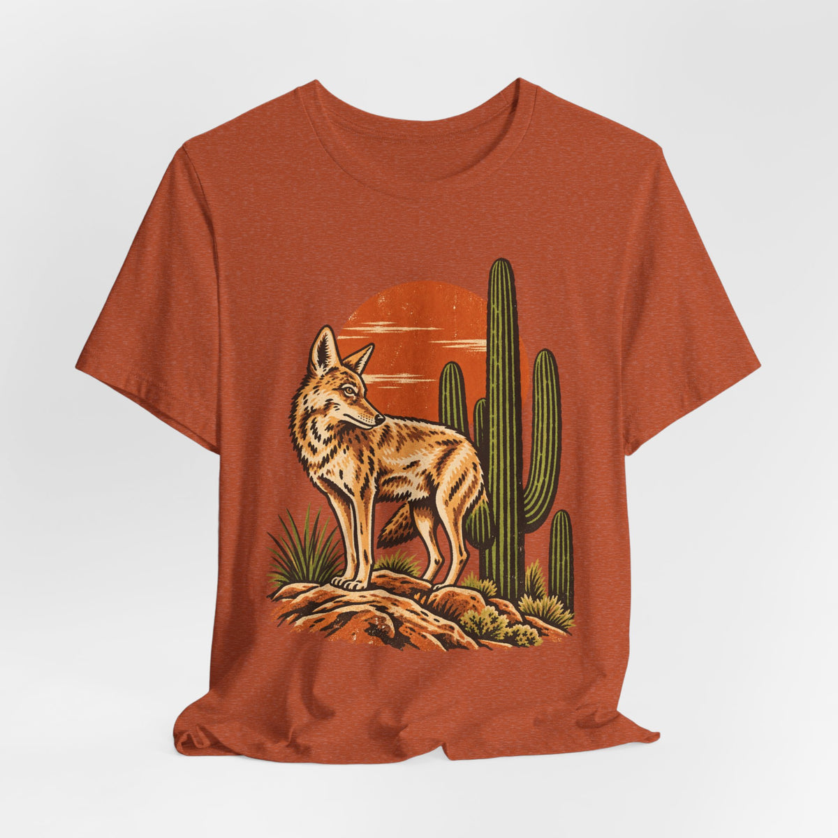 Arizona Coyote Saguaro T-Shirt in Heather Purple - Arizona desert coyote saguaro Southwest graphic tee, Barely Outdoorsy