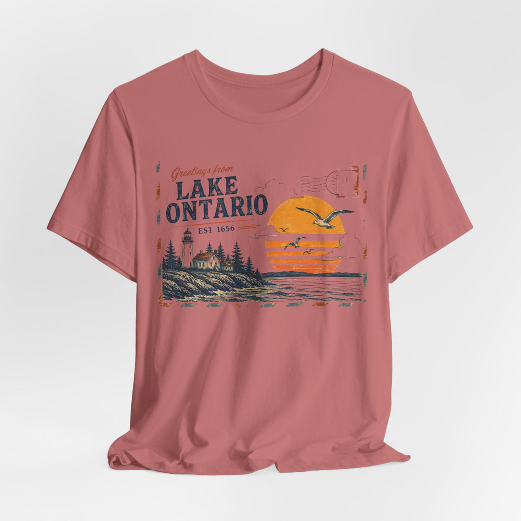 Lake Ontario Vintage Postcard T-Shirt in Mauve - retro vintage postcard Lake Ontario graphic tee, Barely Outdoorsy