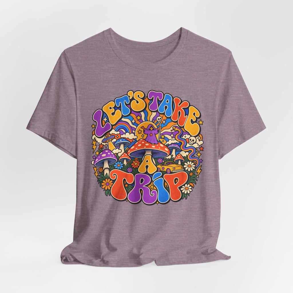 Let's Take a Trip Retro T-Shirt in Dark Grey Heather - psychedelic retro road trip toadstool graphic tee, Barely Outdoorsy Bella Canvas 3001