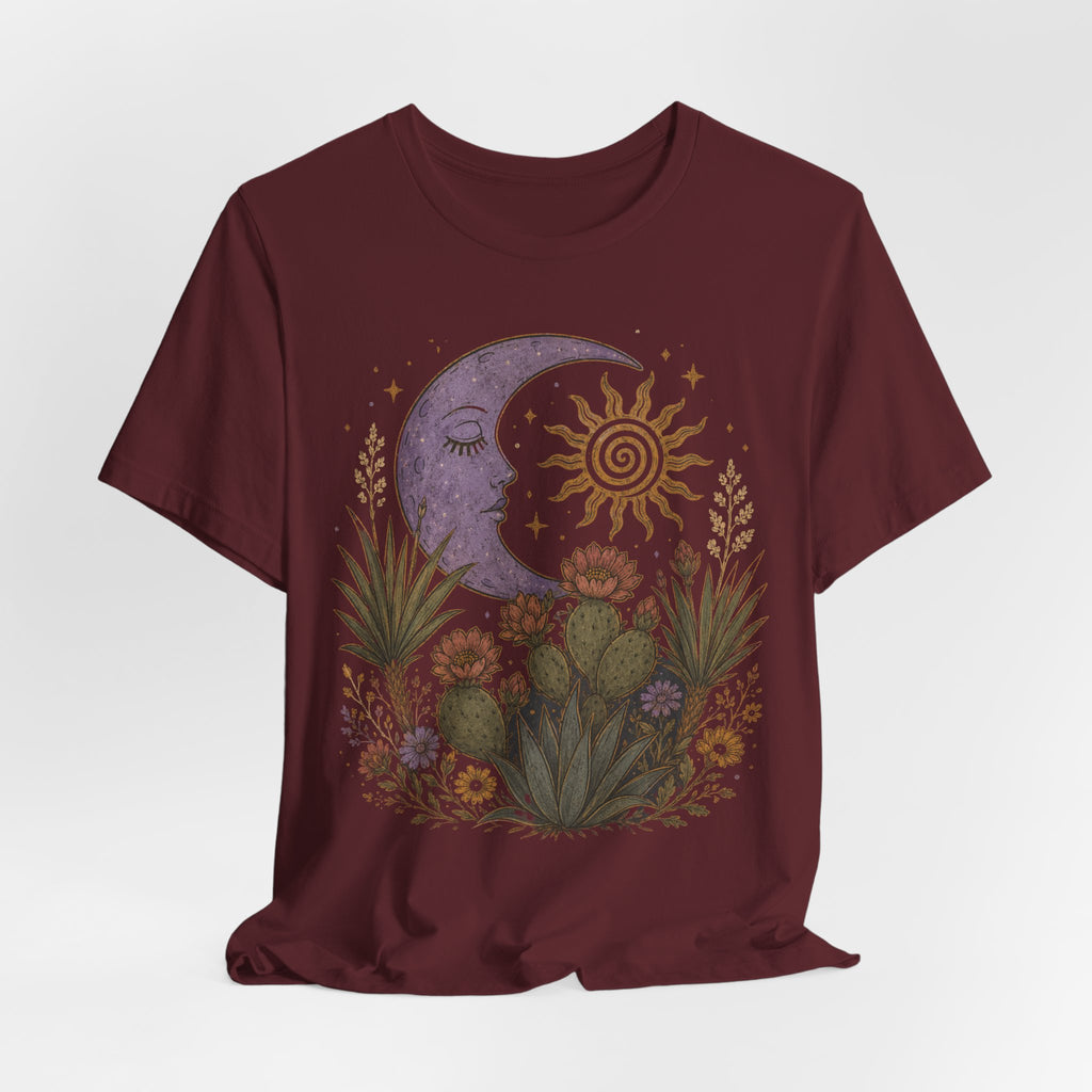 Desert Moon and Sun Botanical Tee in Heather Prism Lilac - celestial botanical desert shirt, Barely Outdoorsy Bella Canvas 3001