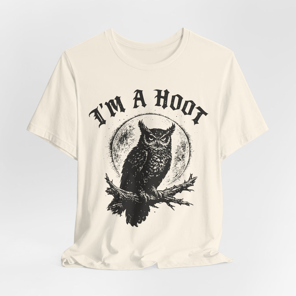 I'm A Hoot Funny Owl T-Shirt in Athletic Heather - gothic blackletter owl humor graphic tee, Barely Outdoorsy Bella Canvas 3001