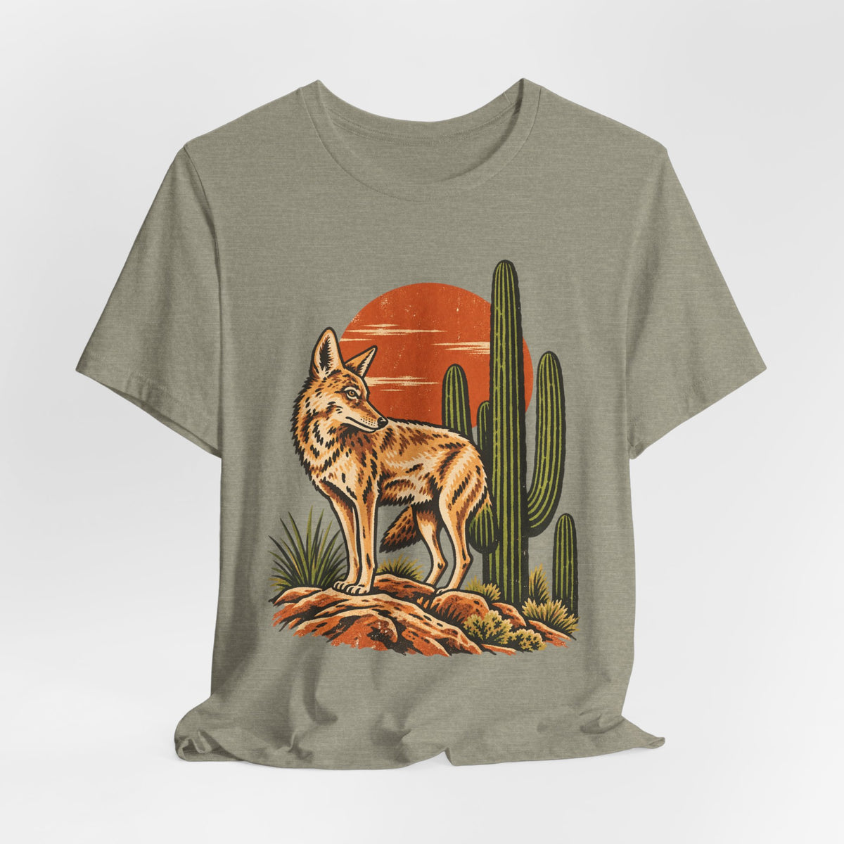 Arizona Coyote Saguaro T-Shirt in Heather Green - Arizona desert coyote saguaro Southwest graphic tee, Barely Outdoorsy