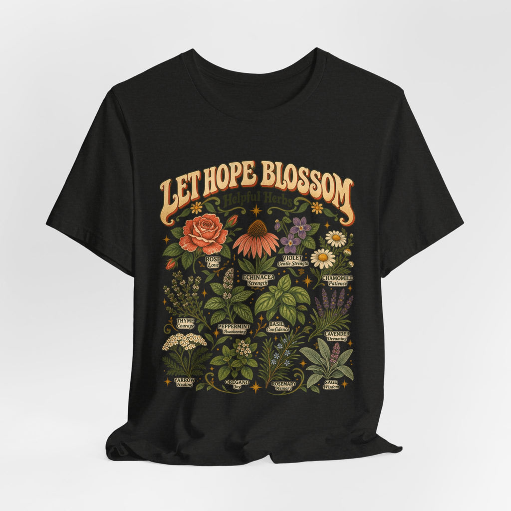 Let Hope Blossom Helpful Herbs T-Shirt in Heather Olive - cottagecore botanical helpful herbs hope wildflower graphic tee, Barely Outdoorsy