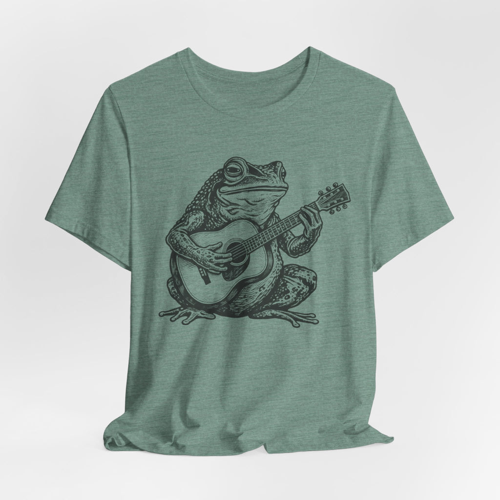 Folk Toad Guitar T-Shirt in Heather Red - funny goblincore toad guitar music graphic tee, Barely Outdoorsy Bella Canvas 3001