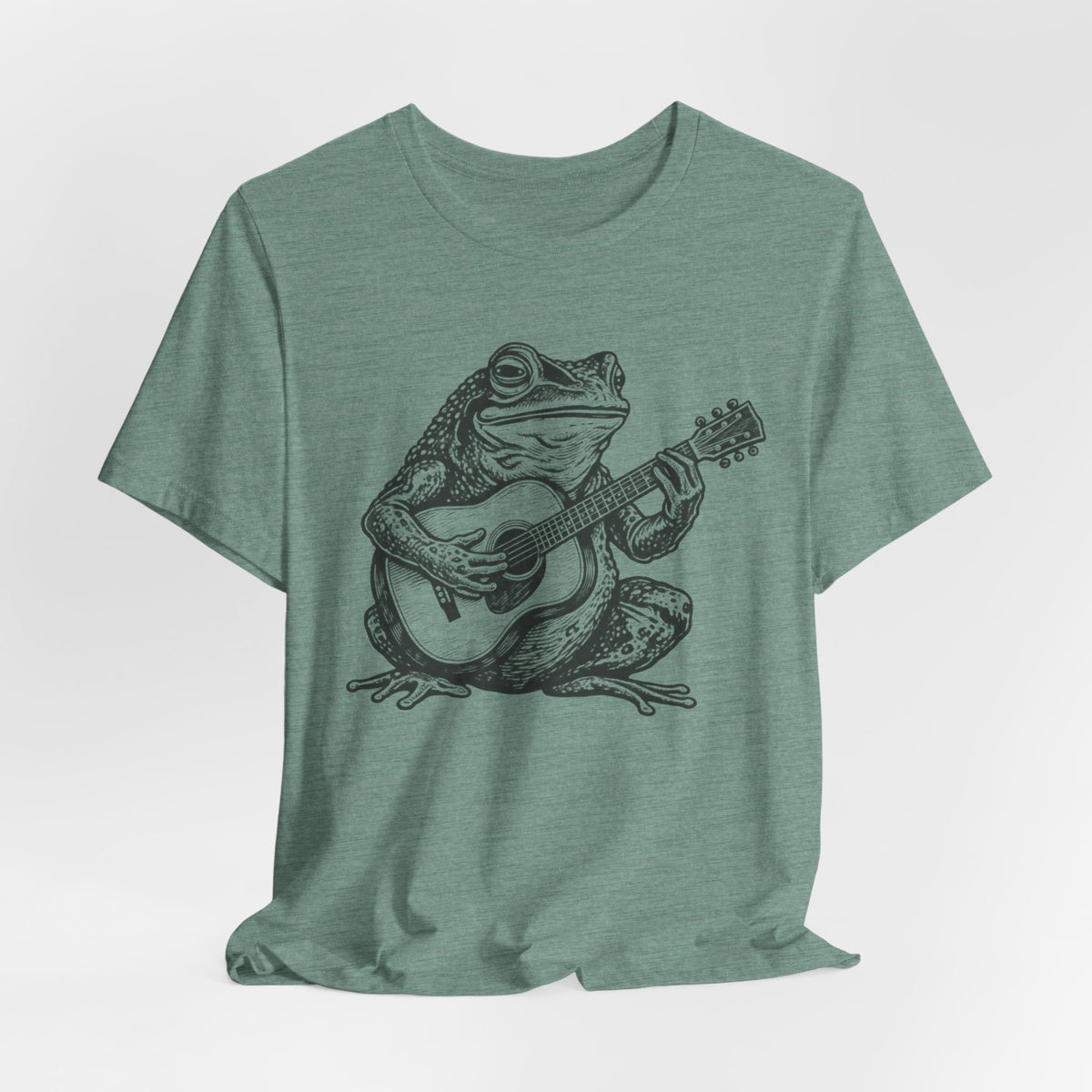 Folk Toad Guitar T-Shirt in Heather Red - funny goblincore toad guitar music graphic tee, Barely Outdoorsy Bella Canvas 3001