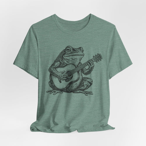 Folk Toad Guitar T-Shirt in Heather Red - funny goblincore toad guitar music graphic tee, Barely Outdoorsy Bella Canvas 3001