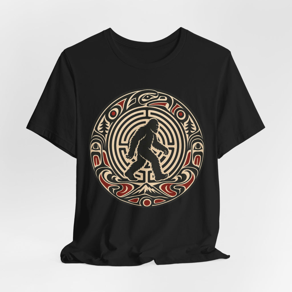 Bigfoot Pacific Northwest Native Art T-Shirt in Black - formline Sasquatch circular composition graphic tee, Barely Outdoorsy Bella Canvas 3001