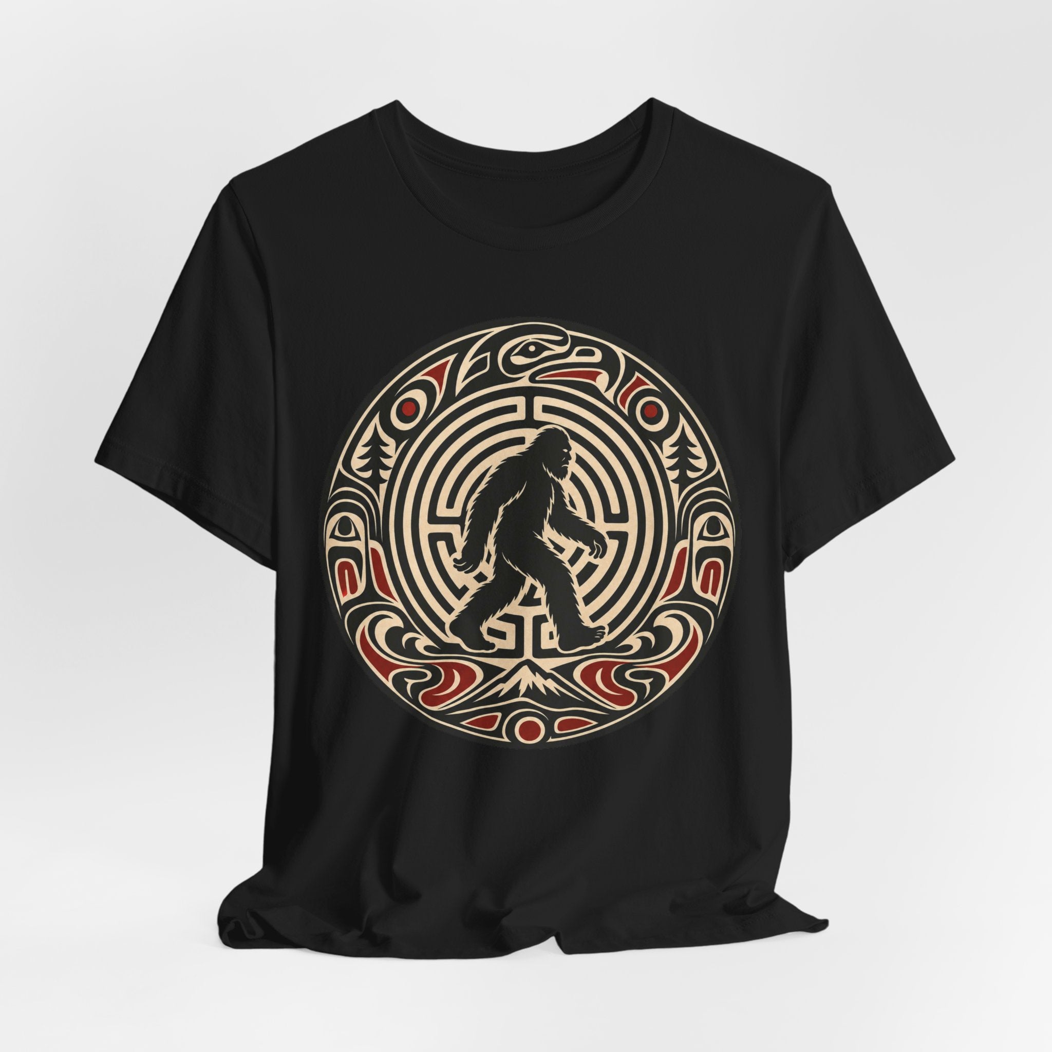 Bigfoot Pacific Northwest Native Art T-Shirt in Black - formline Sasquatch circular composition graphic tee, Barely Outdoorsy Bella Canvas 3001