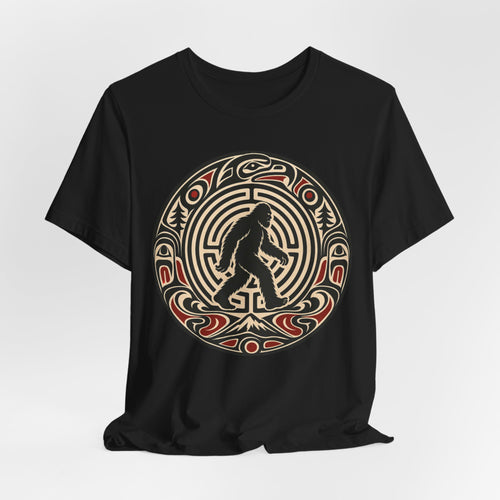 Bigfoot Pacific Northwest Native Art T-Shirt in Black - formline Sasquatch circular composition graphic tee, Barely Outdoorsy Bella Canvas 3001