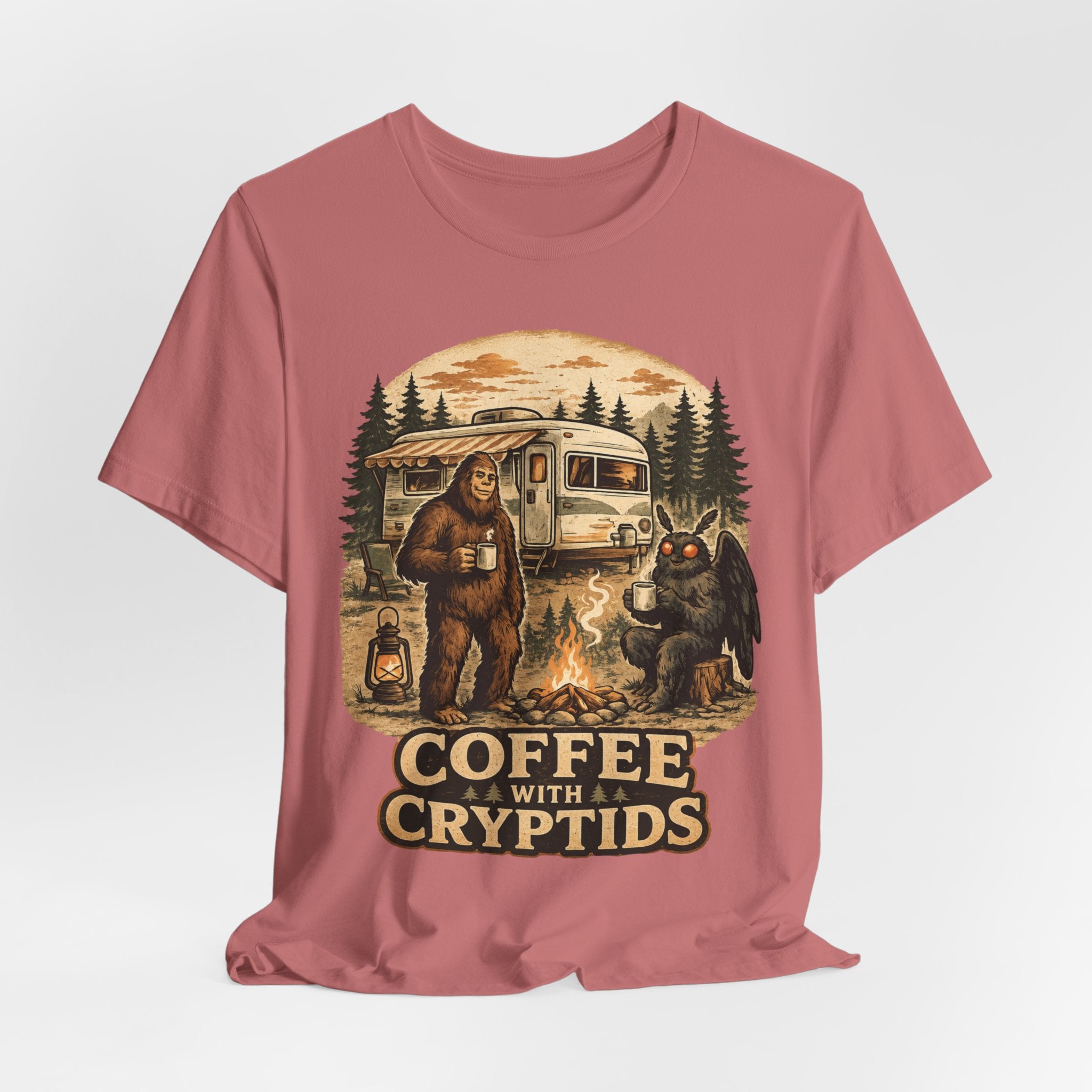 Coffee With Cryptids T-Shirt in Mauve - Bigfoot UFO Mothman coffee woods graphic tee, Barely Outdoorsy