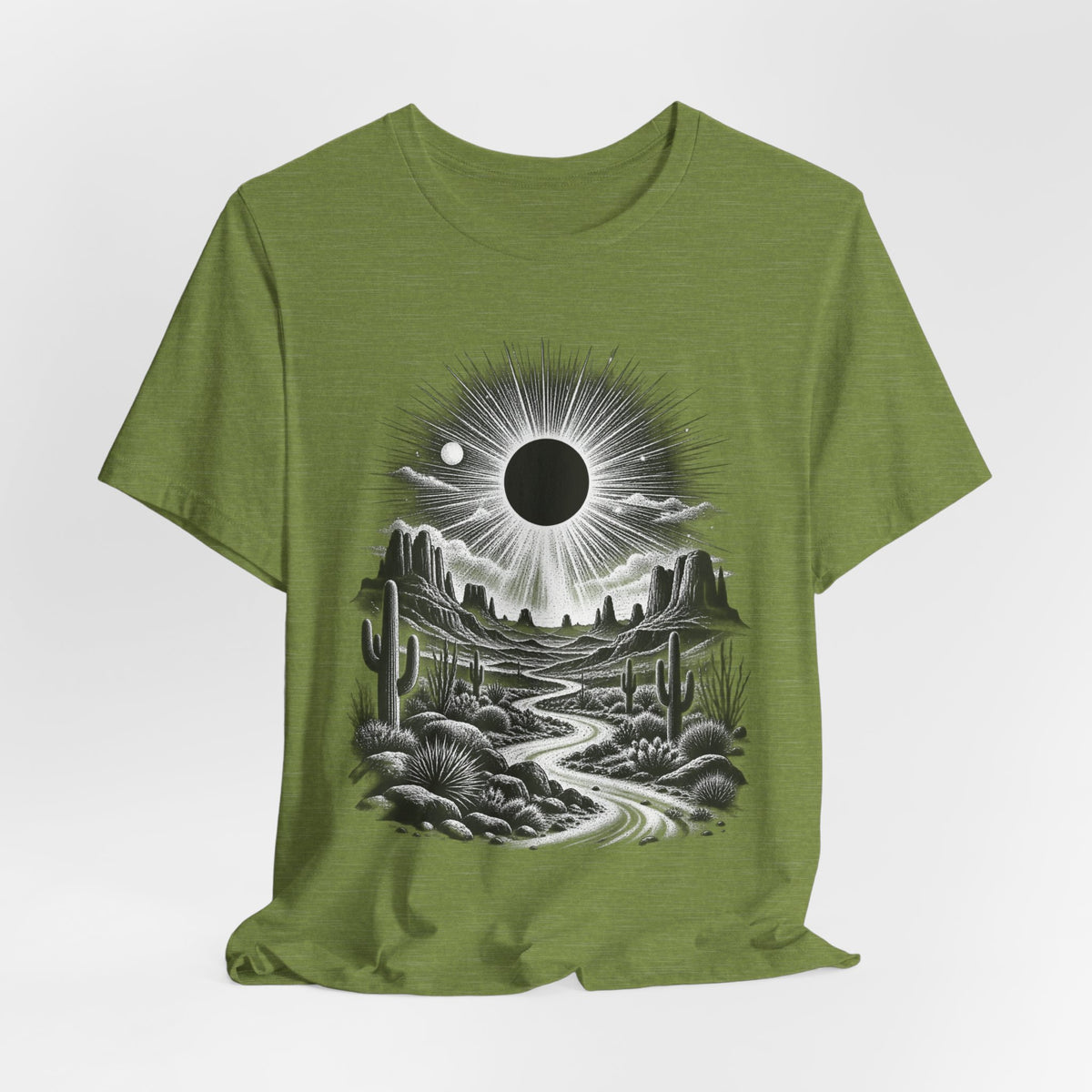 Desert Solar Eclipse T-Shirt in Heather Midnight Navy - Southwest desert solar eclipse celestial graphic tee, Barely Outdoorsy