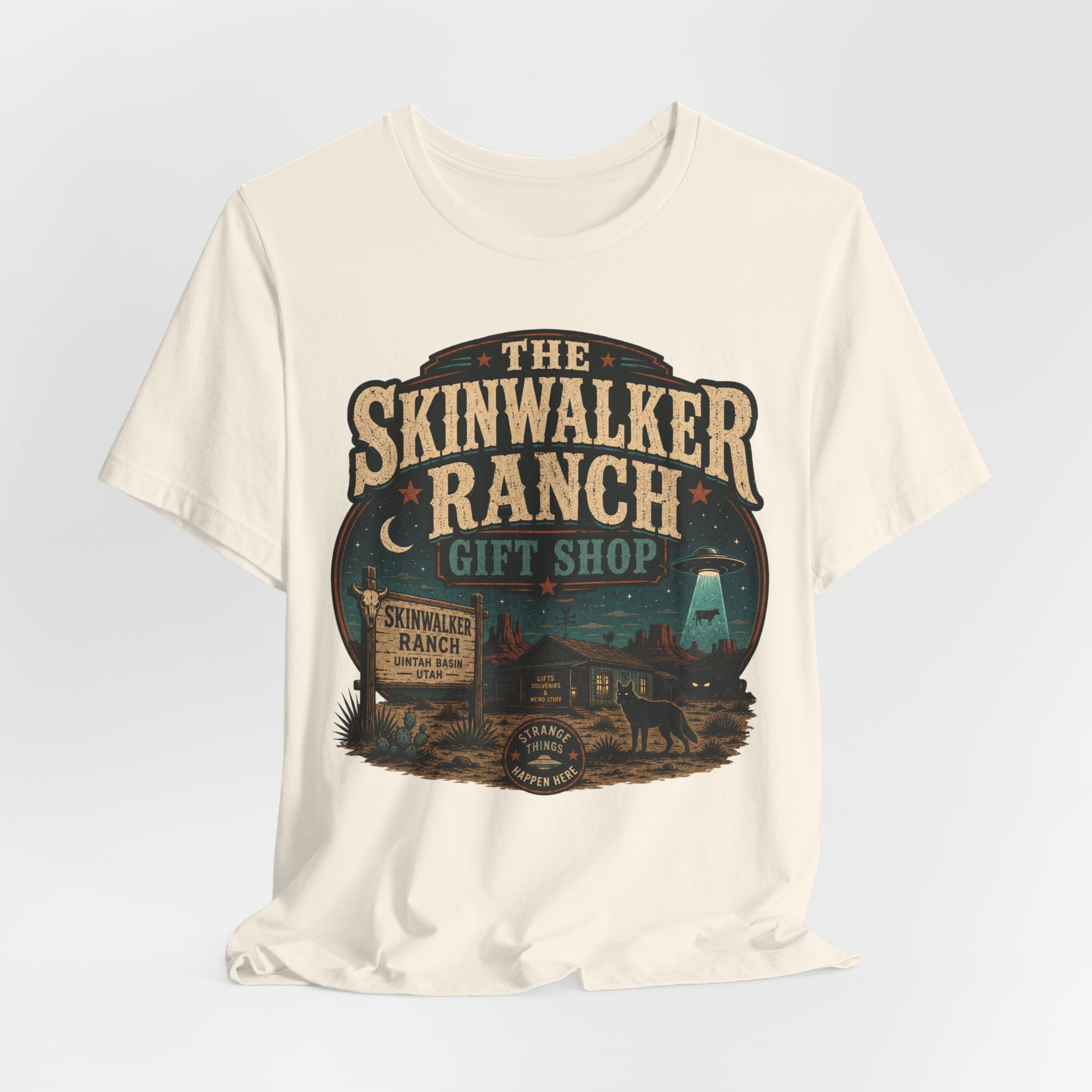 Skinwalker Ranch Gift Shop Tee in Black - funny paranormal souvenir shirt, Bella Canvas 3001