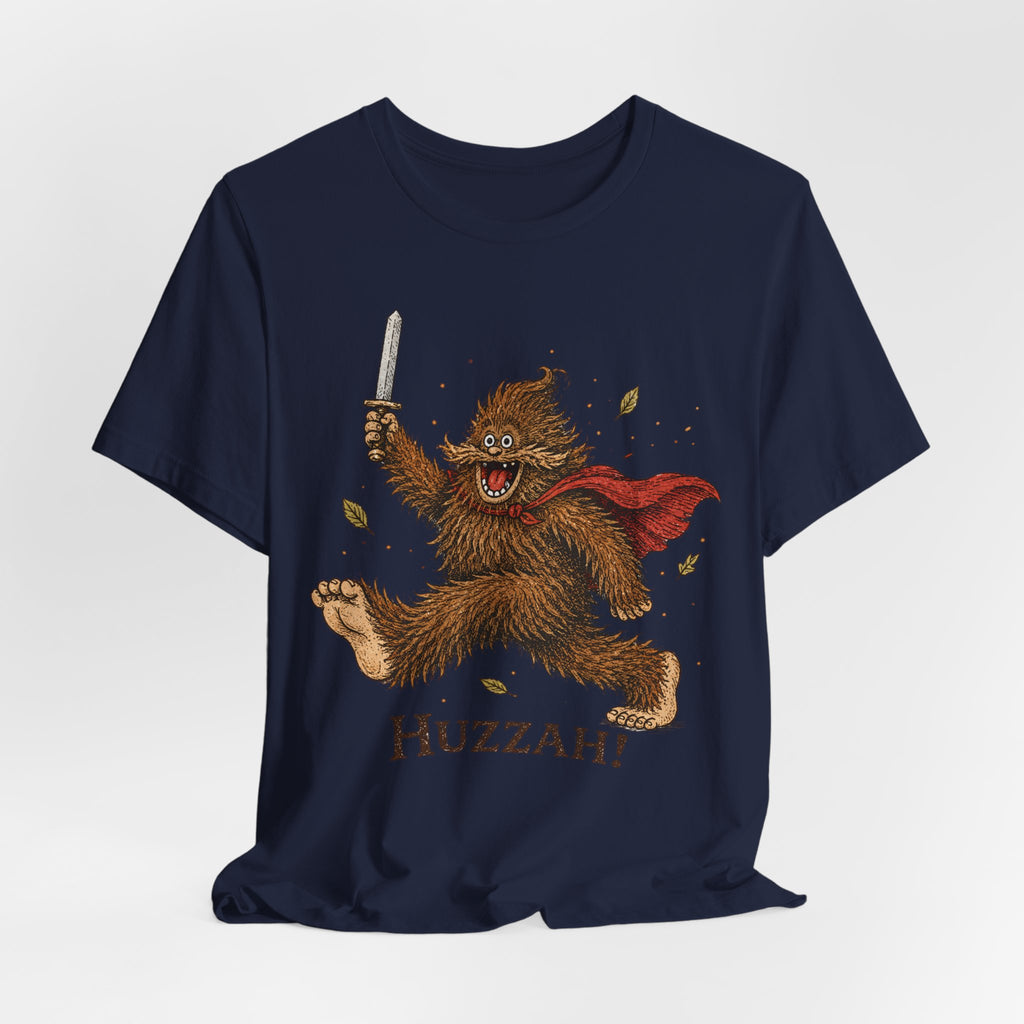 Huzzah Bigfoot Tee in Black Heather - funny cryptid medieval huzzah fantasy shirt, Barely Outdoorsy Bella Canvas 3001