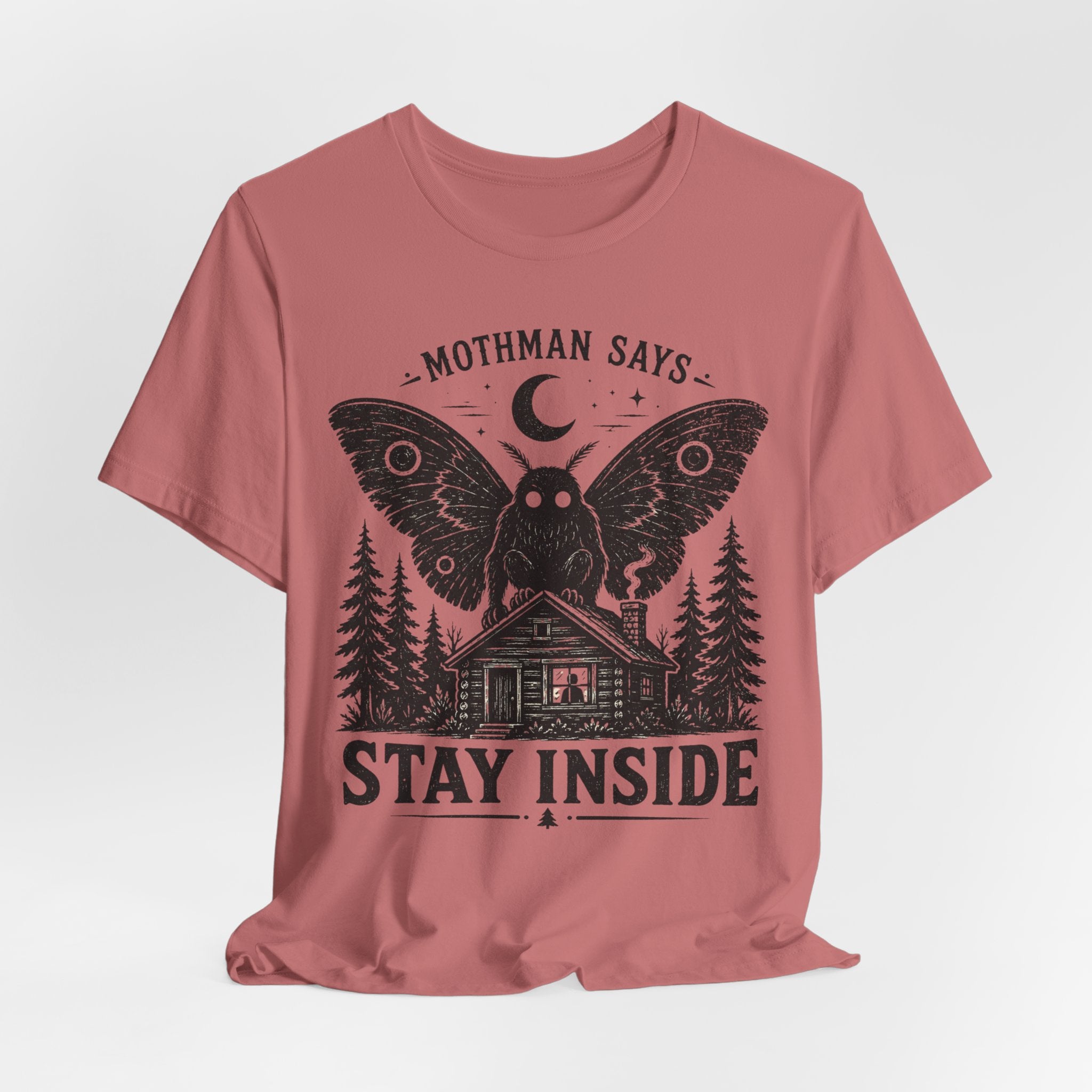 Mothman Says Stay Inside T-Shirt in Athletic Heather - funny Mothman warning cryptid graphic tee, Barely Outdoorsy Bella Canvas 3001