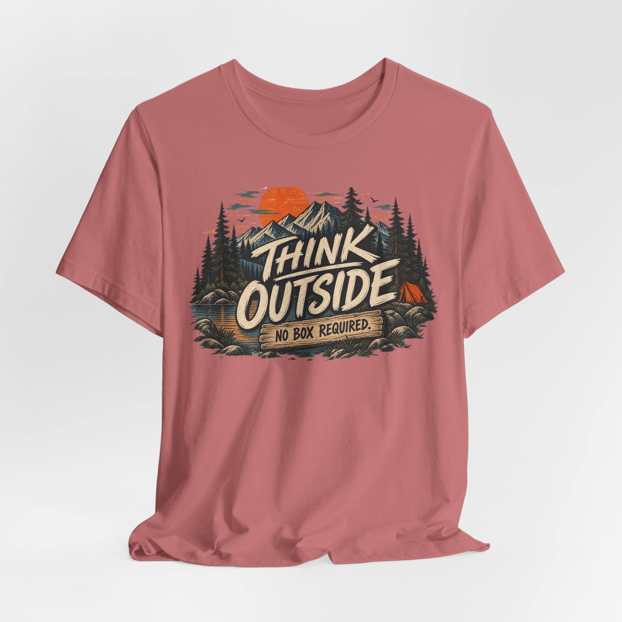 Think Outside No Box Required Tee in Heather Prism Lilac - funny nature thinking humor shirt, Barely Outdoorsy Bella Canvas 3001