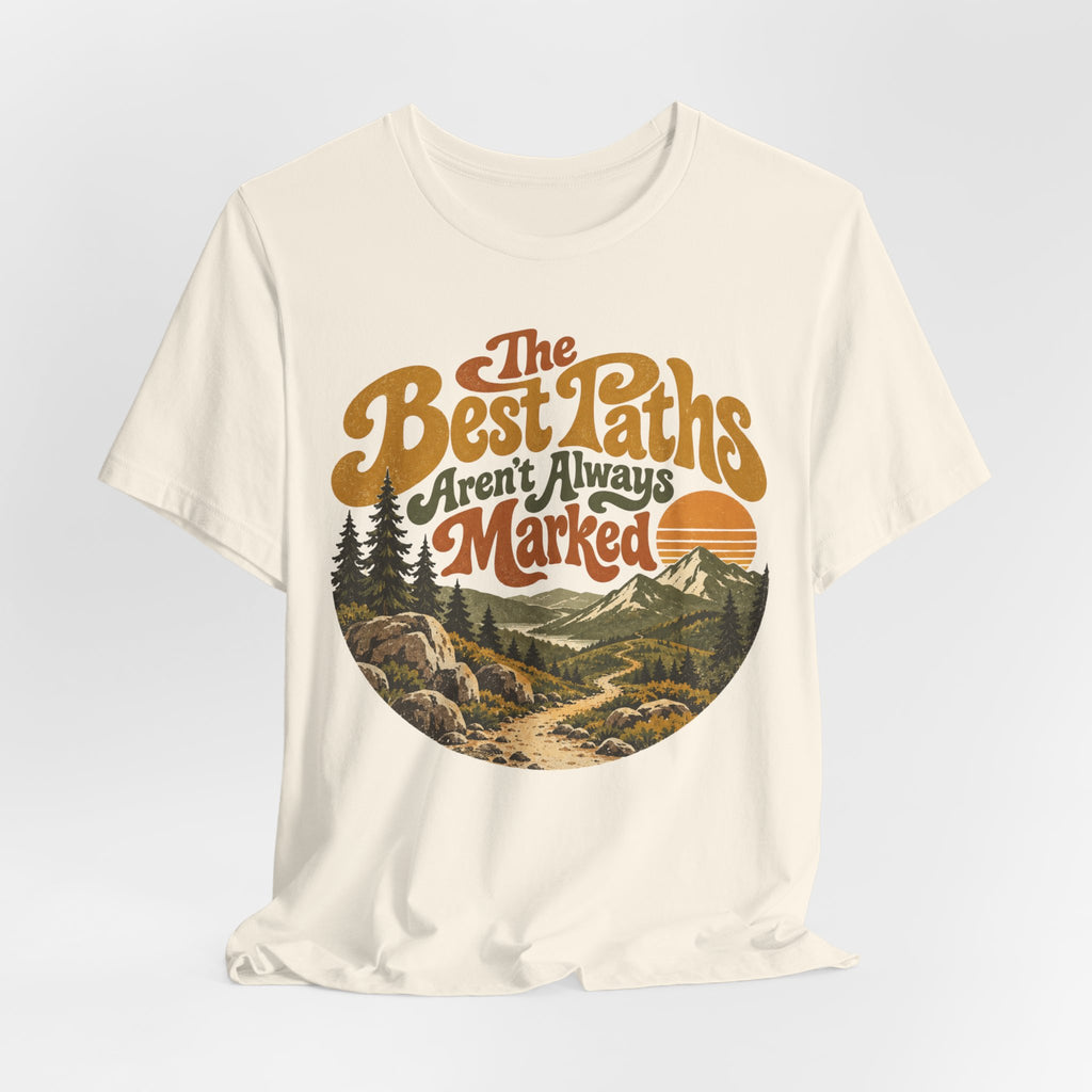 The Best Paths Aren't Always Marked T-Shirt in Heather True Royal - retro adventure path graphic tee, Barely Outdoorsy Bella Canvas