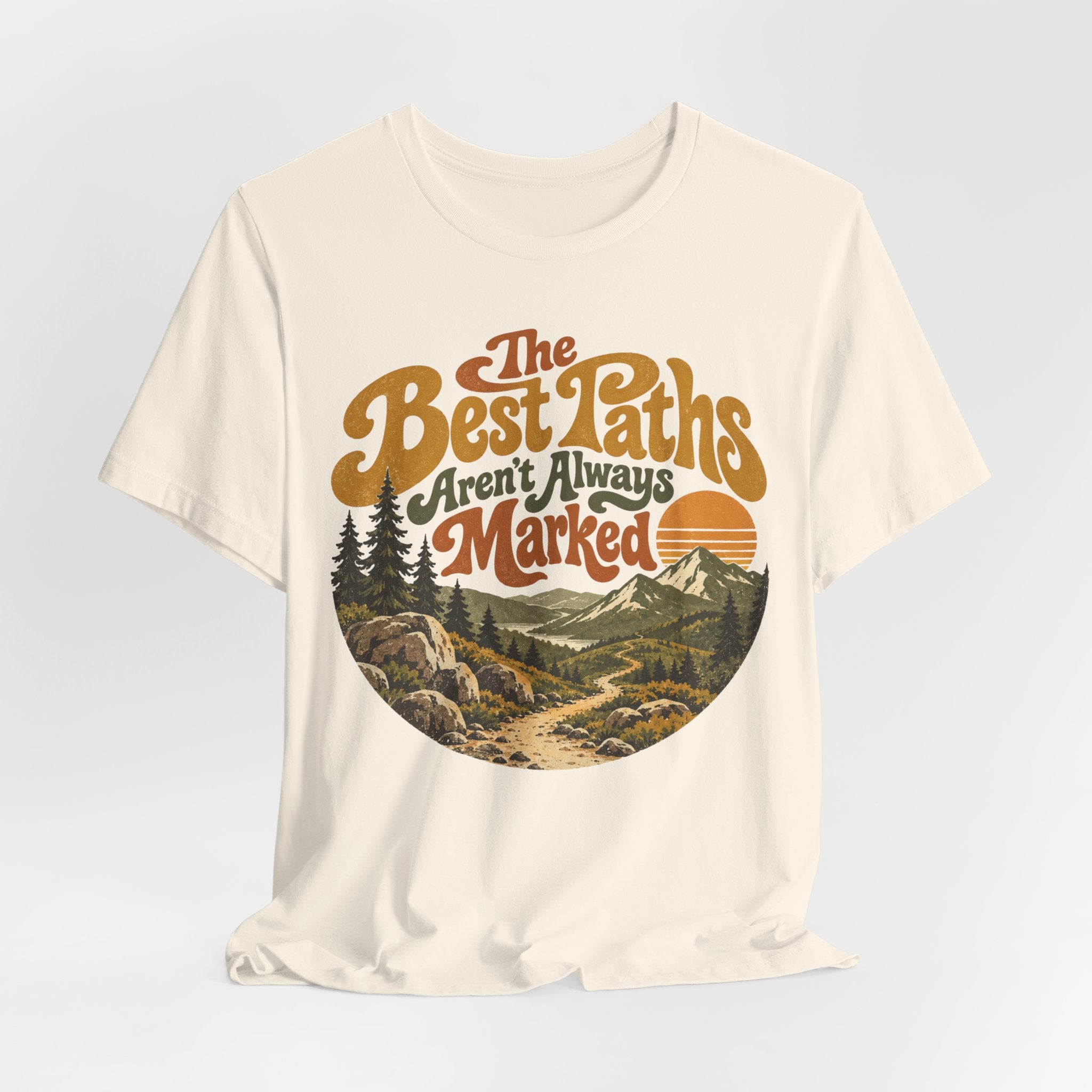 The Best Paths Aren't Always Marked T-Shirt in Heather True Royal - retro adventure path graphic tee, Barely Outdoorsy Bella Canvas