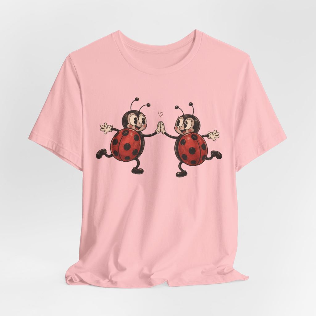 Dancing Ladybugs T-Shirt in Pink - retro 1930s cartoon ladybugs dancing high-five graphic tee, Barely Outdoorsy Bella Canvas 3001