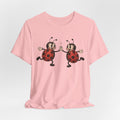Dancing Ladybugs T-Shirt in Pink - retro 1930s cartoon ladybugs dancing high-five graphic tee, Barely Outdoorsy Bella Canvas 3001