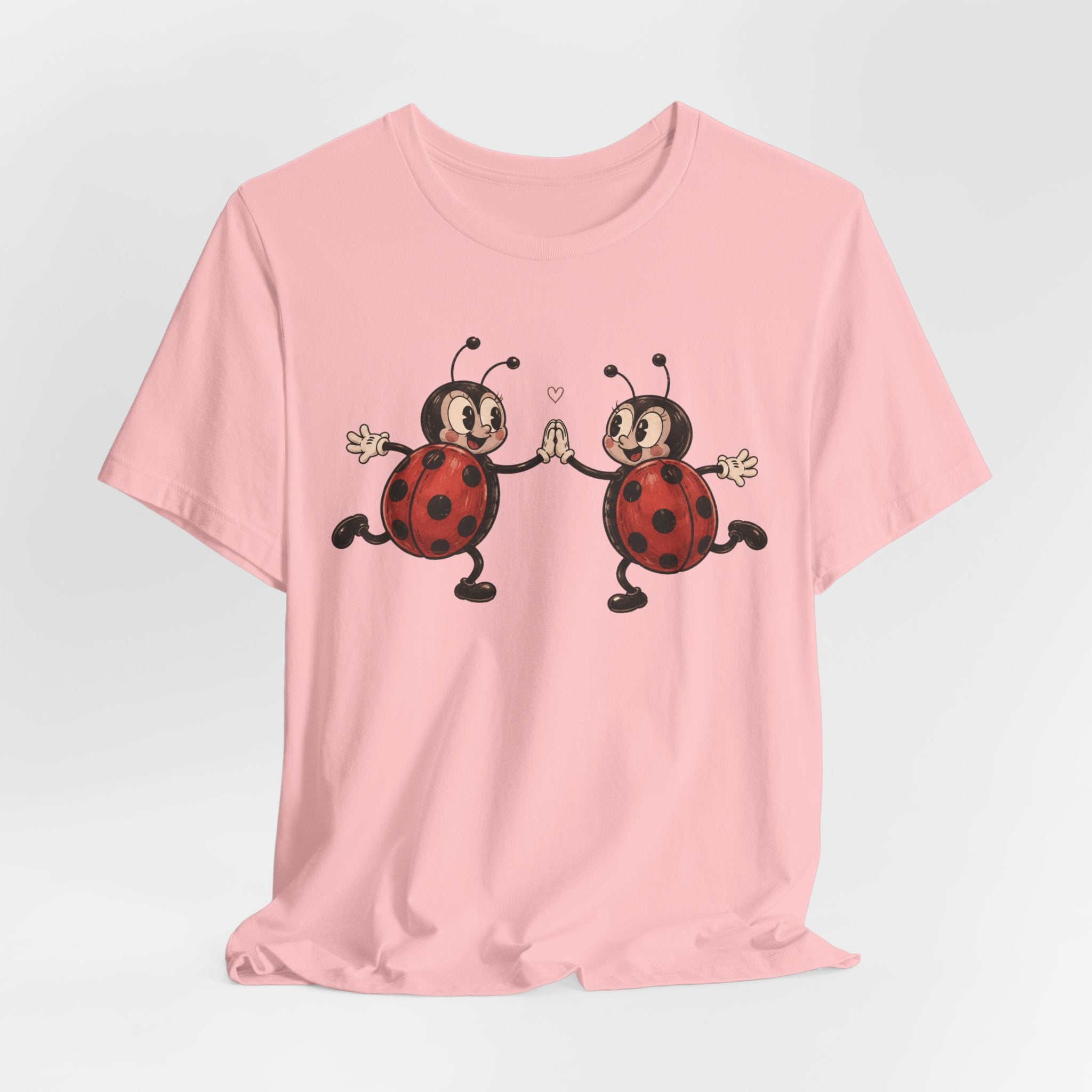 Dancing Ladybugs T-Shirt in Pink - retro 1930s cartoon ladybugs dancing high-five graphic tee, Barely Outdoorsy Bella Canvas 3001