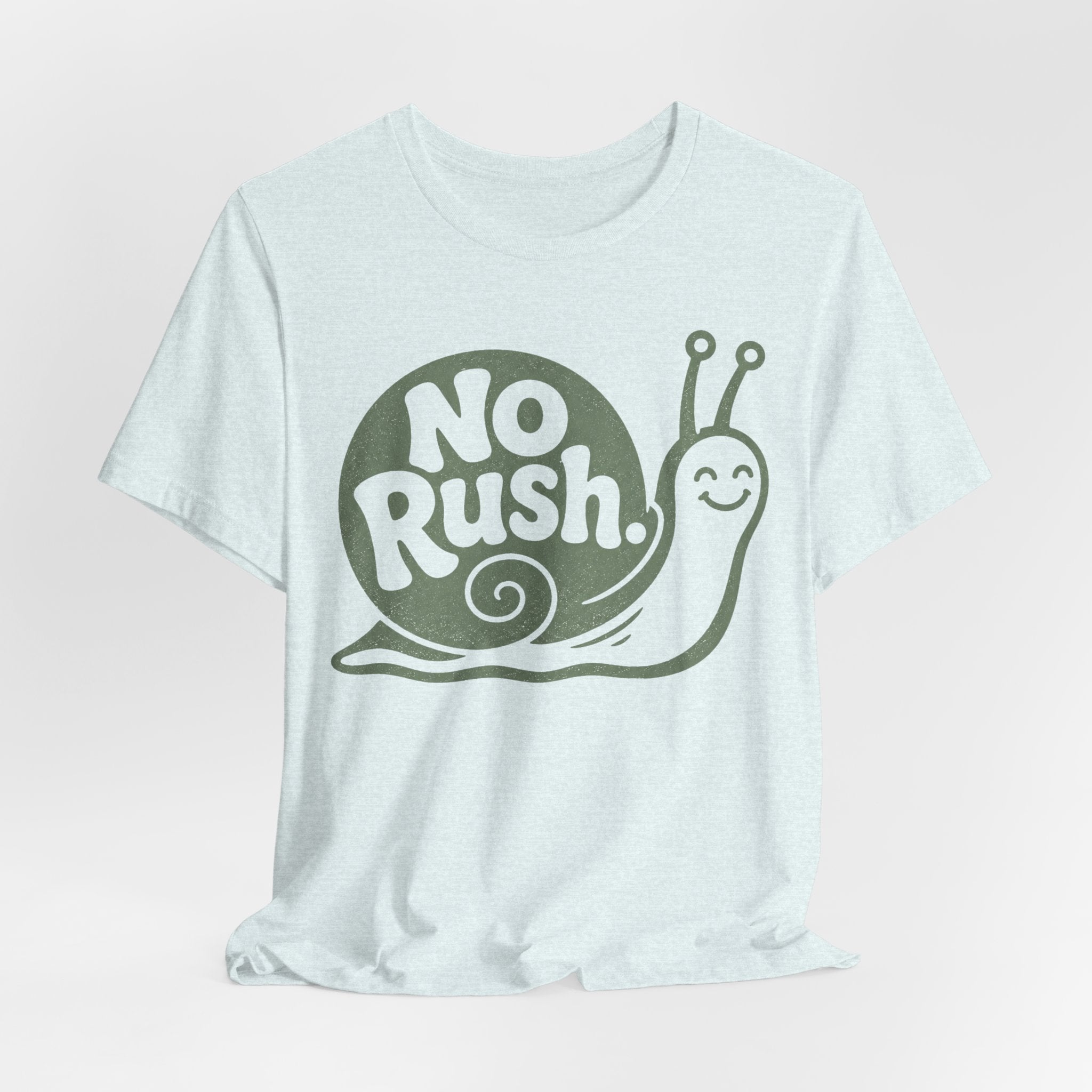 No Rush Snail T-Shirt in Dark Grey Heather - retro sage green snail slow living graphic tee, Barely Outdoorsy Bella Canvas 3001