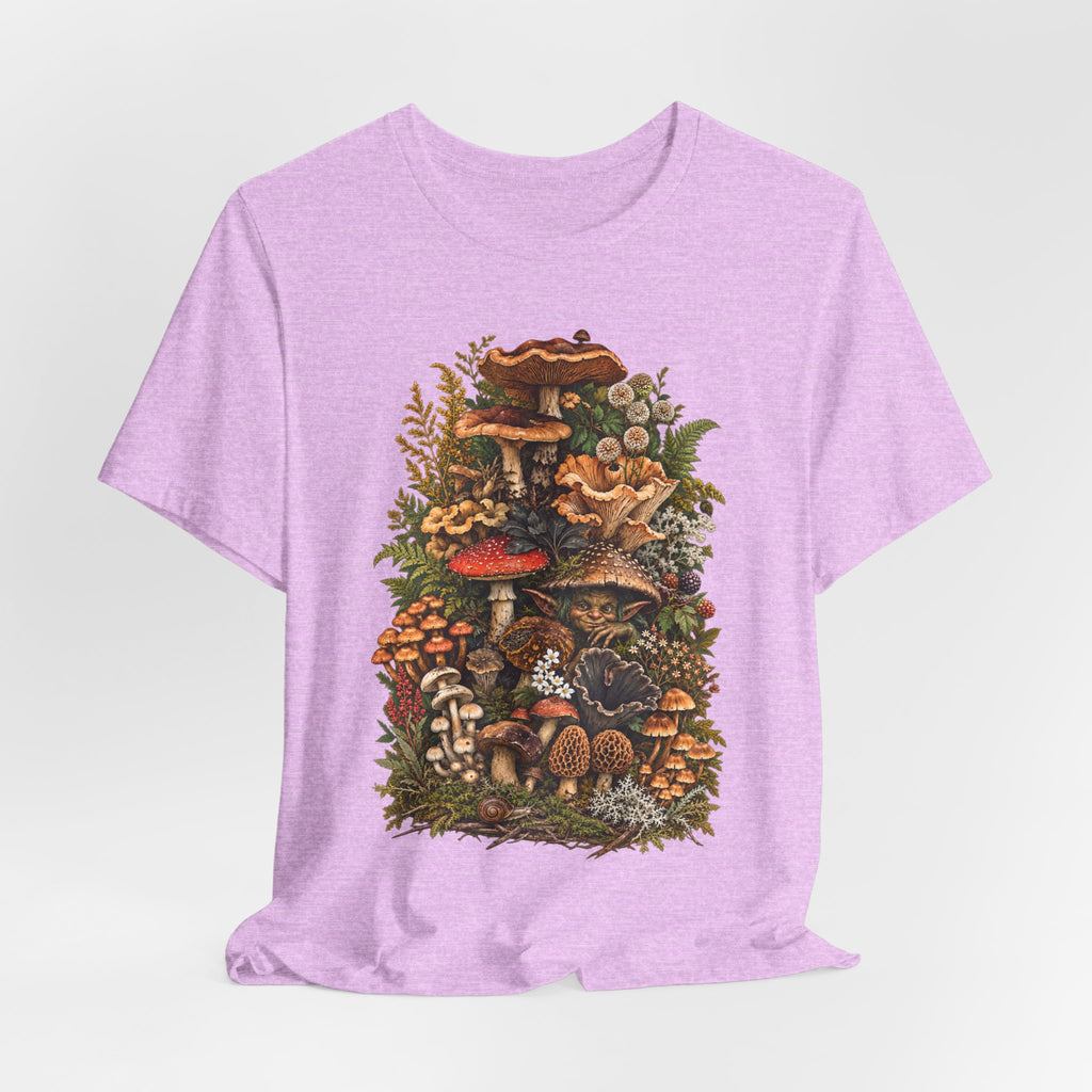 Mushroom Goblin Botanical Forager Tee in White - funny goblin mushroom forager botanical shirt, Barely Outdoorsy Bella Canvas 3001