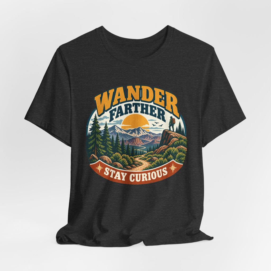 Wander Farther Stay Curious T-Shirt in Heather Peach - retro adventure graphic tee, Barely Outdoorsy