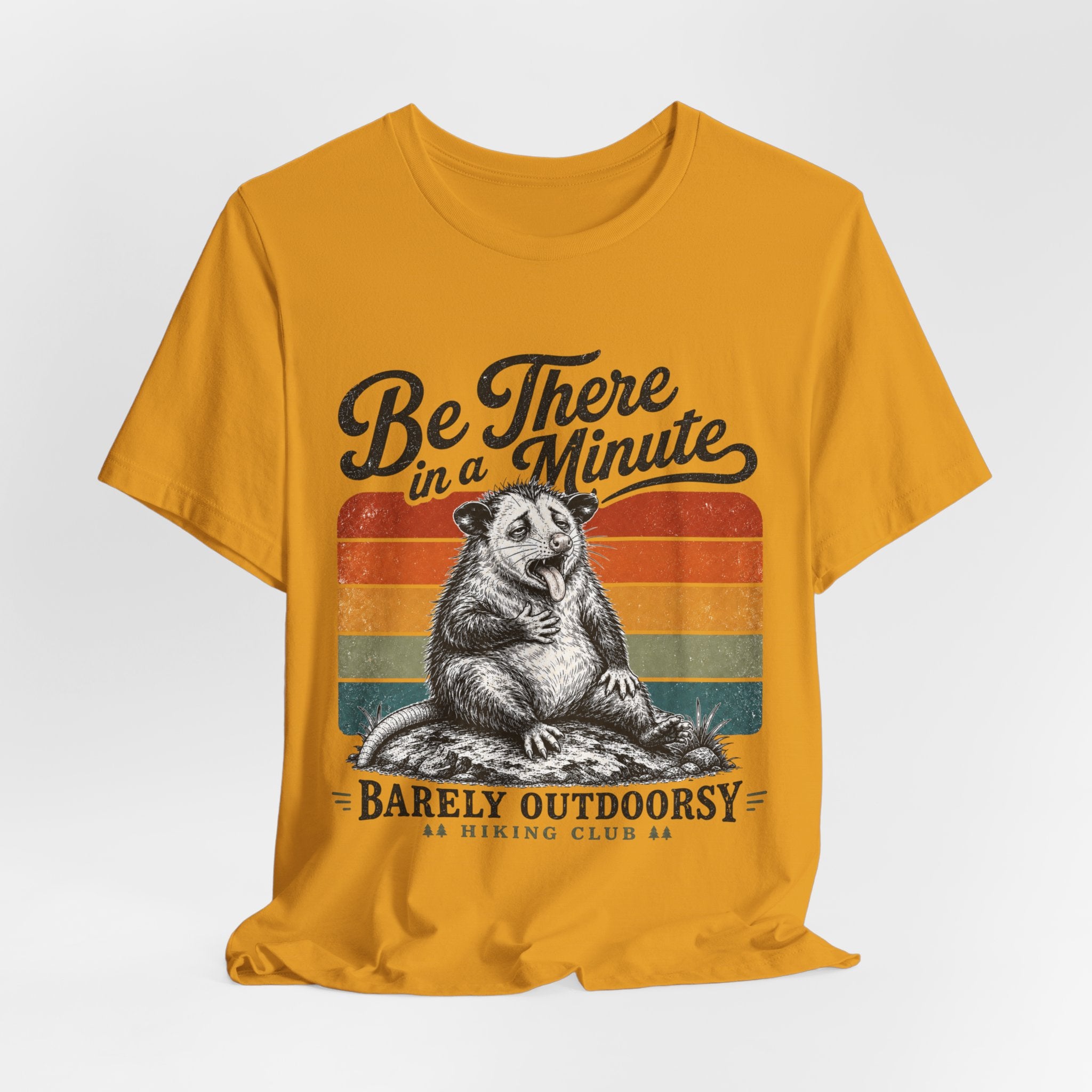 Be There In A Minute Tee in Heather True Royal detail - yawning opossum rock retro rainbow stripe close-up graphic