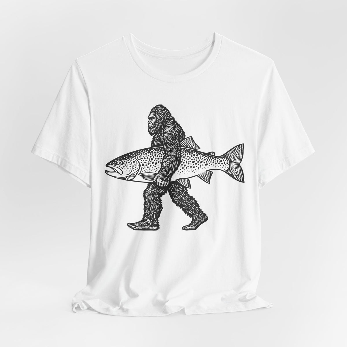 Bigfoot Fishing Sasquatch Trout T-Shirt in White - funny Bigfoot fishing Sasquatch trout fisherman graphic tee, Barely Outdoorsy