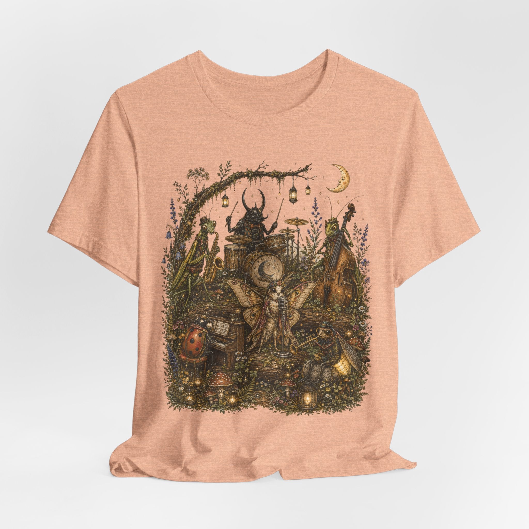 Bug Band Moonlight Concert T-Shirt flat lay Athletic Heather - unisex crew neck goblincore bug band graphic tee, Barely Outdoorsy