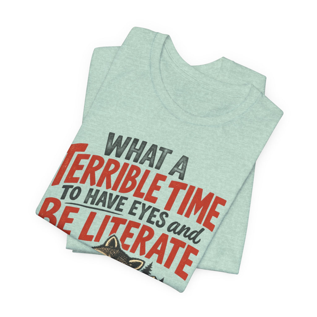 Terrible Time to Be Literate Camping Raccoon T-Shirt flat lay Mustard - unisex raccoon camping literate graphic tee, Barely Outdoorsy Bella Canvas
