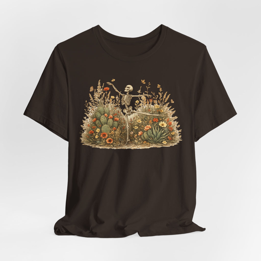 Dancing Skeleton Desert Wildflower Tee in Mauve - vintage watercolor skeleton wildflower shirt, Barely Outdoorsy Bella Canvas 3001