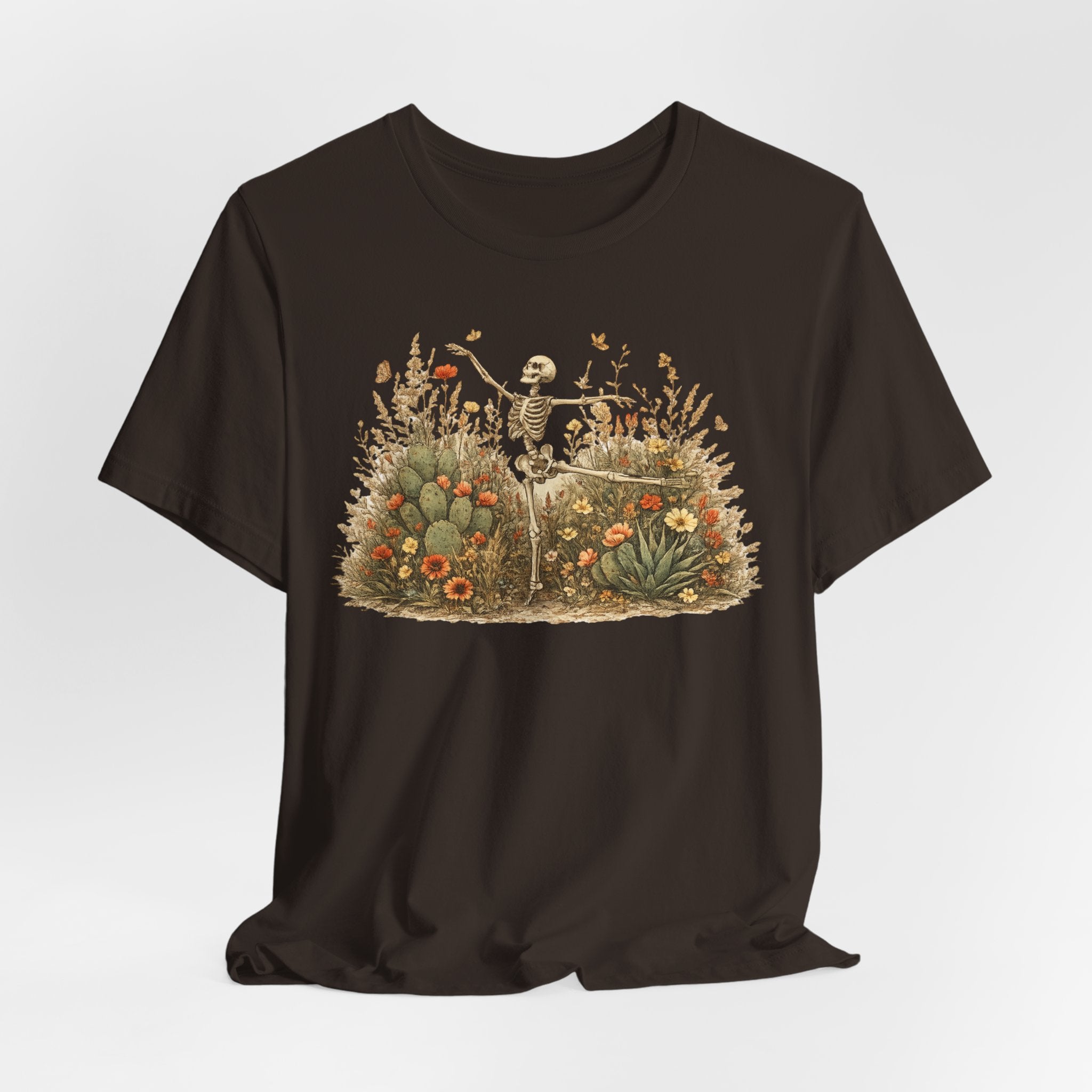 Dancing Skeleton Desert Wildflower Tee in Mauve - vintage watercolor skeleton wildflower shirt, Barely Outdoorsy Bella Canvas 3001