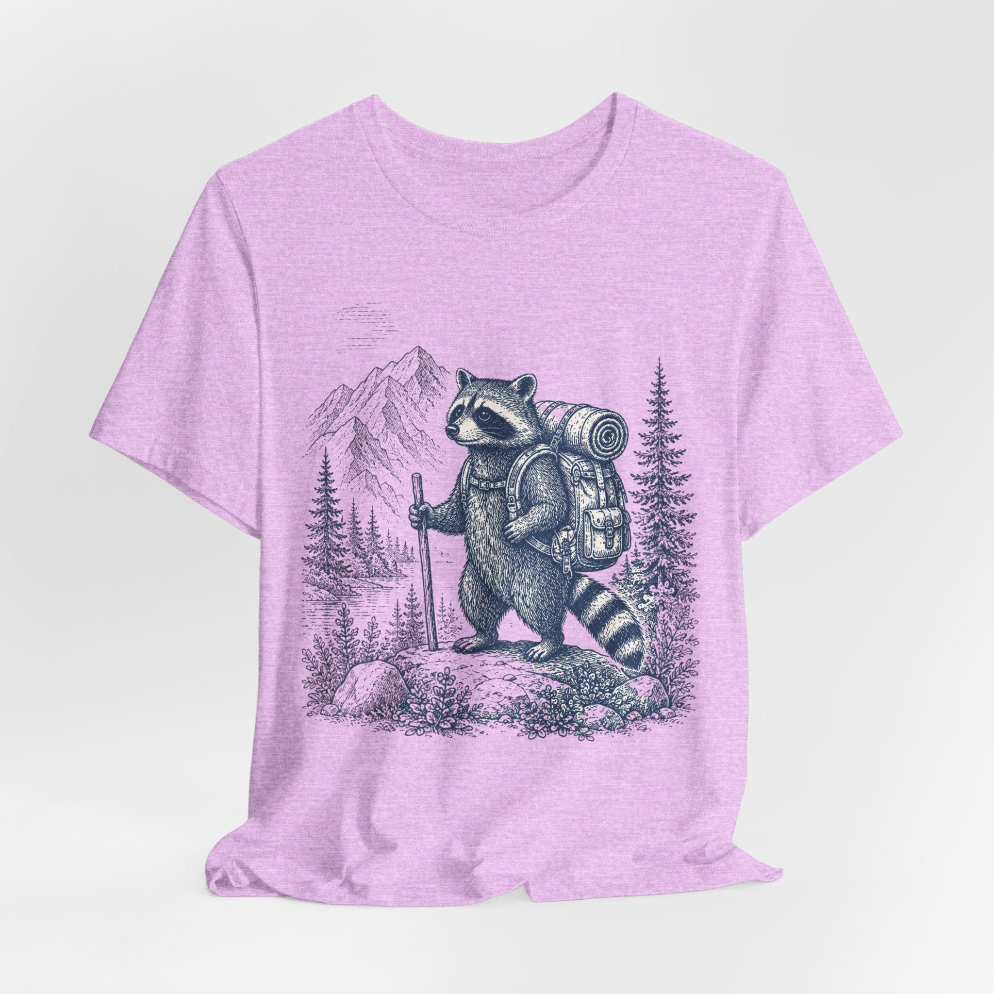 Backpacking Raccoon Hiking Tee in Heather Prism Lilac - funny raccoon backpacking shirt, Barely Outdoorsy Bella Canvas